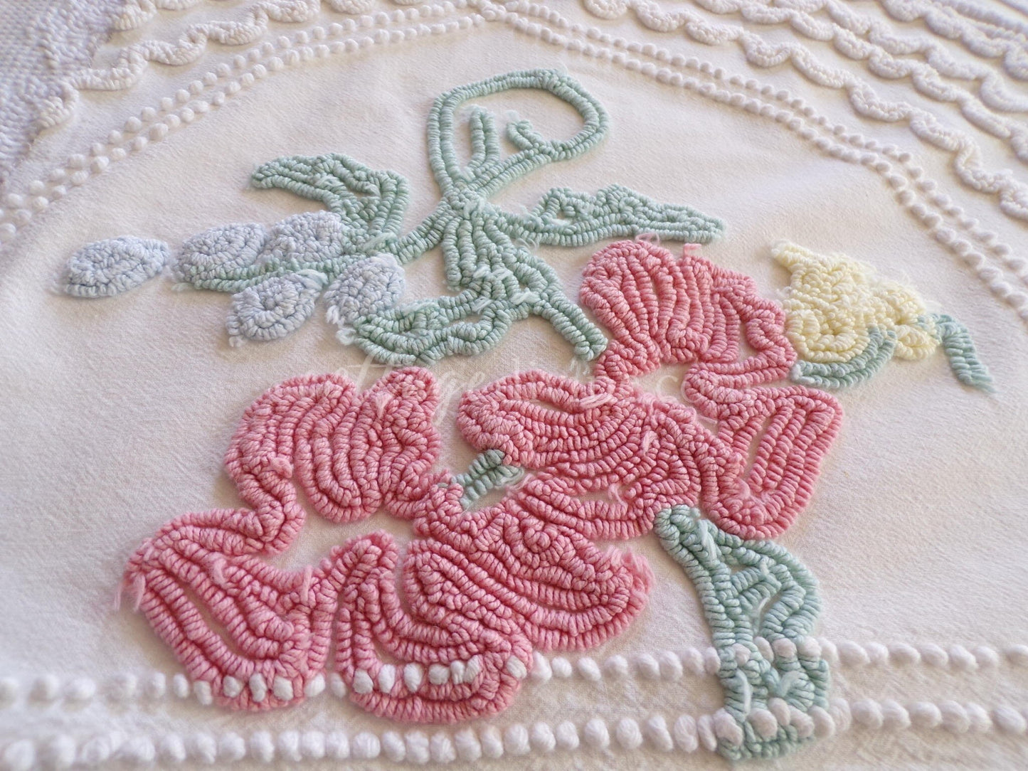Angelic Lily Vintage Chenille Quilt Fabric Piece, 18" x 25" inches, Pretty in Pillows