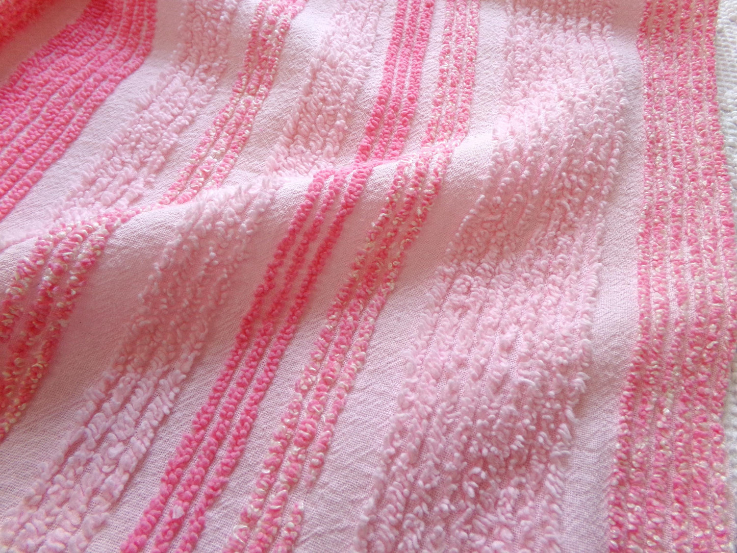 multisize pink striped vintage chenille fabric, ultra lightweight 18" x 24" piece of sewing material w/ variegated stripe lines