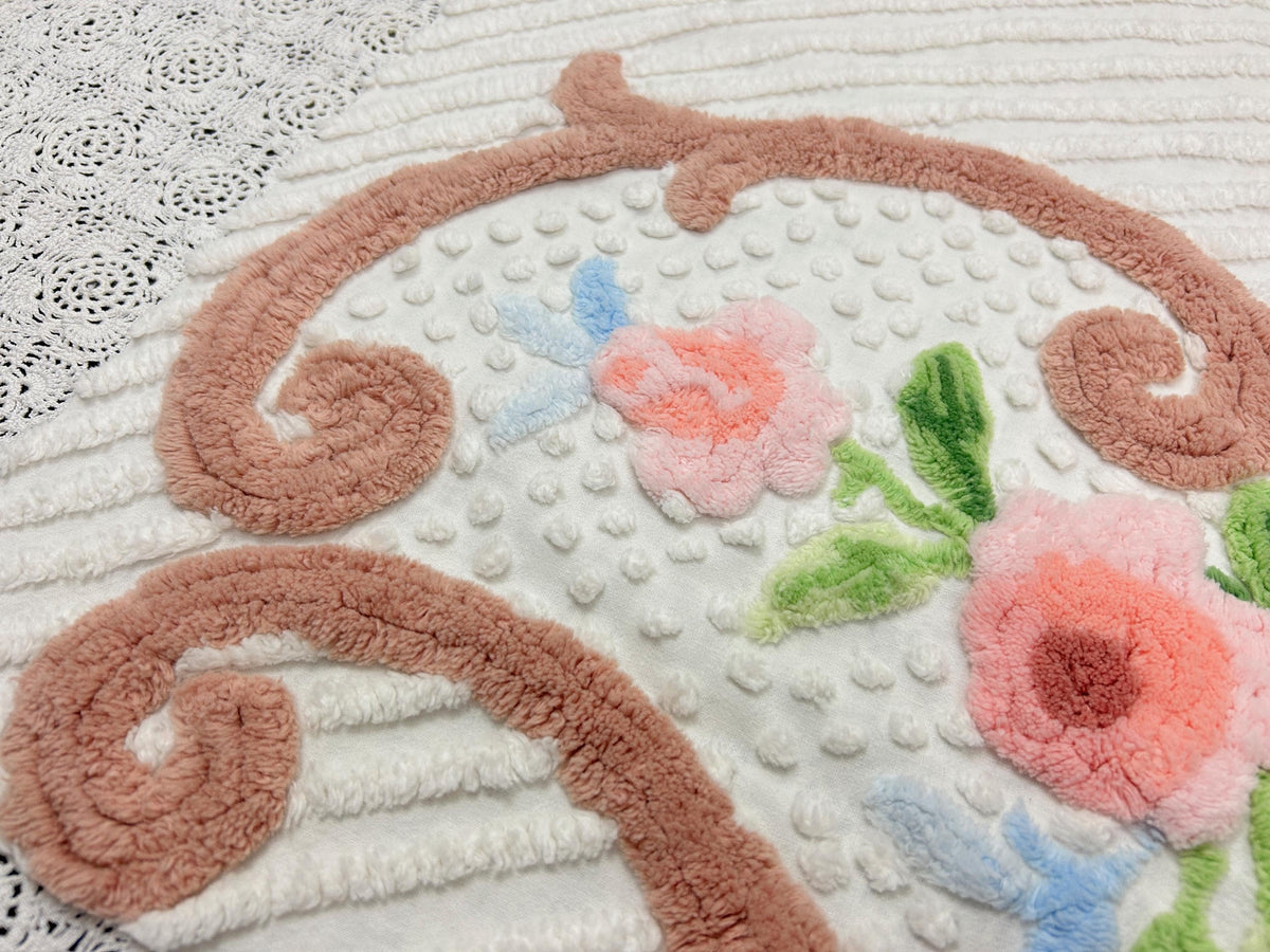 Vintage Floral Chenille Fabric, 22x24" Antique Sewing Textile
