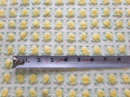 yellow rosebud vintage chenille fabric, lemon tufted rose sewing quilt material 18x24"