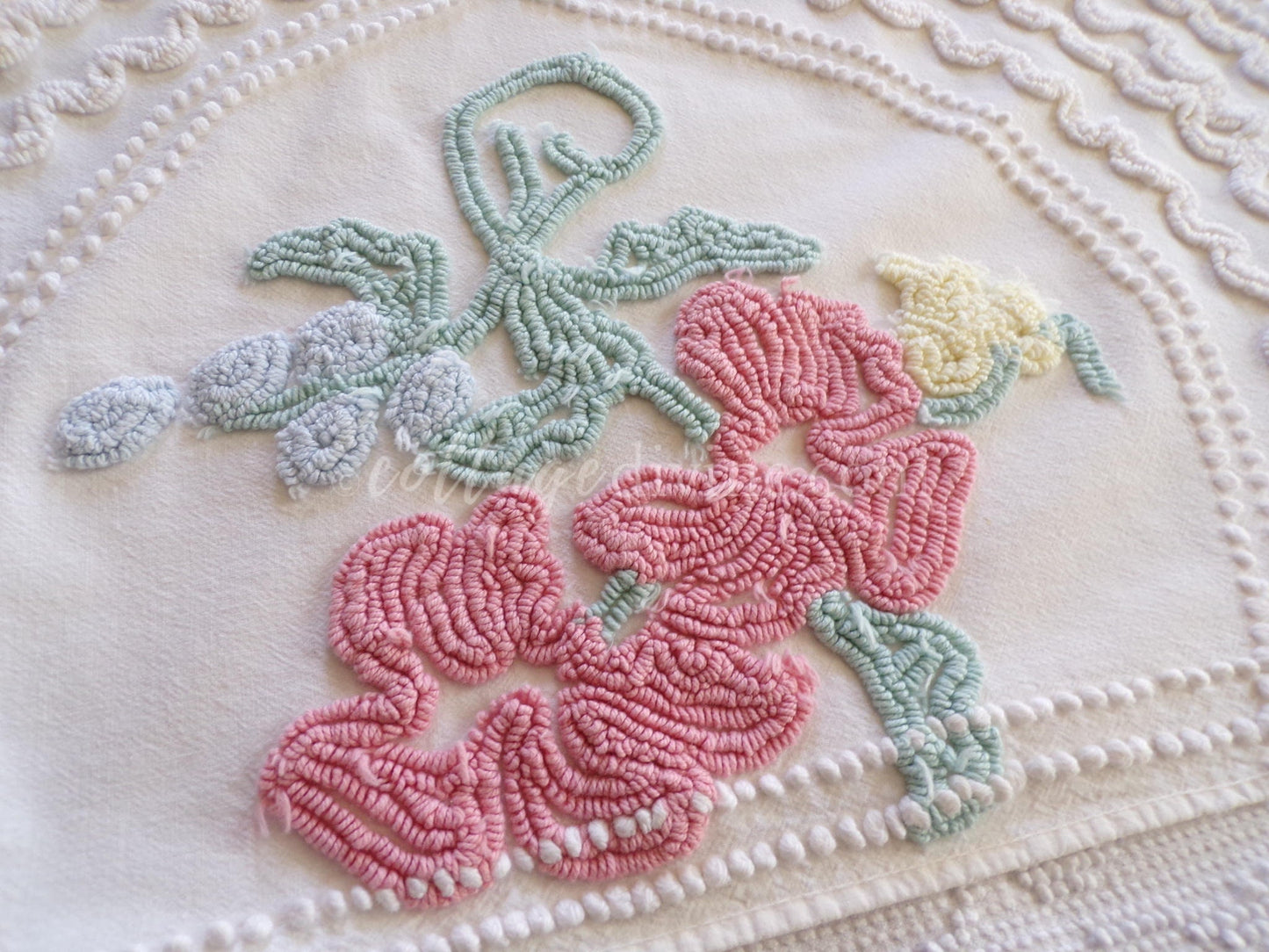 Angelic Lily Vintage Chenille Quilt Fabric Piece, 18" x 25" inches, Pretty in Pillows