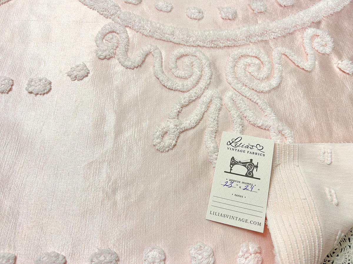 Pink Satin Vintage Fabric, Shabby Tufted Chenille 24x23" Sewing Craft Textile