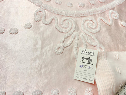 Pink Satin Vintage Fabric, Shabby Tufted Chenille 24x23" Sewing Craft Textile