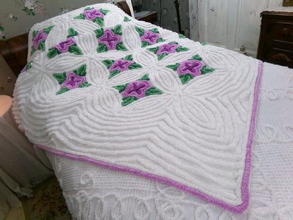 Lavender Cabbage Rose Blooms 1940s White Cotton Chenille Bedspread, FULL Size
