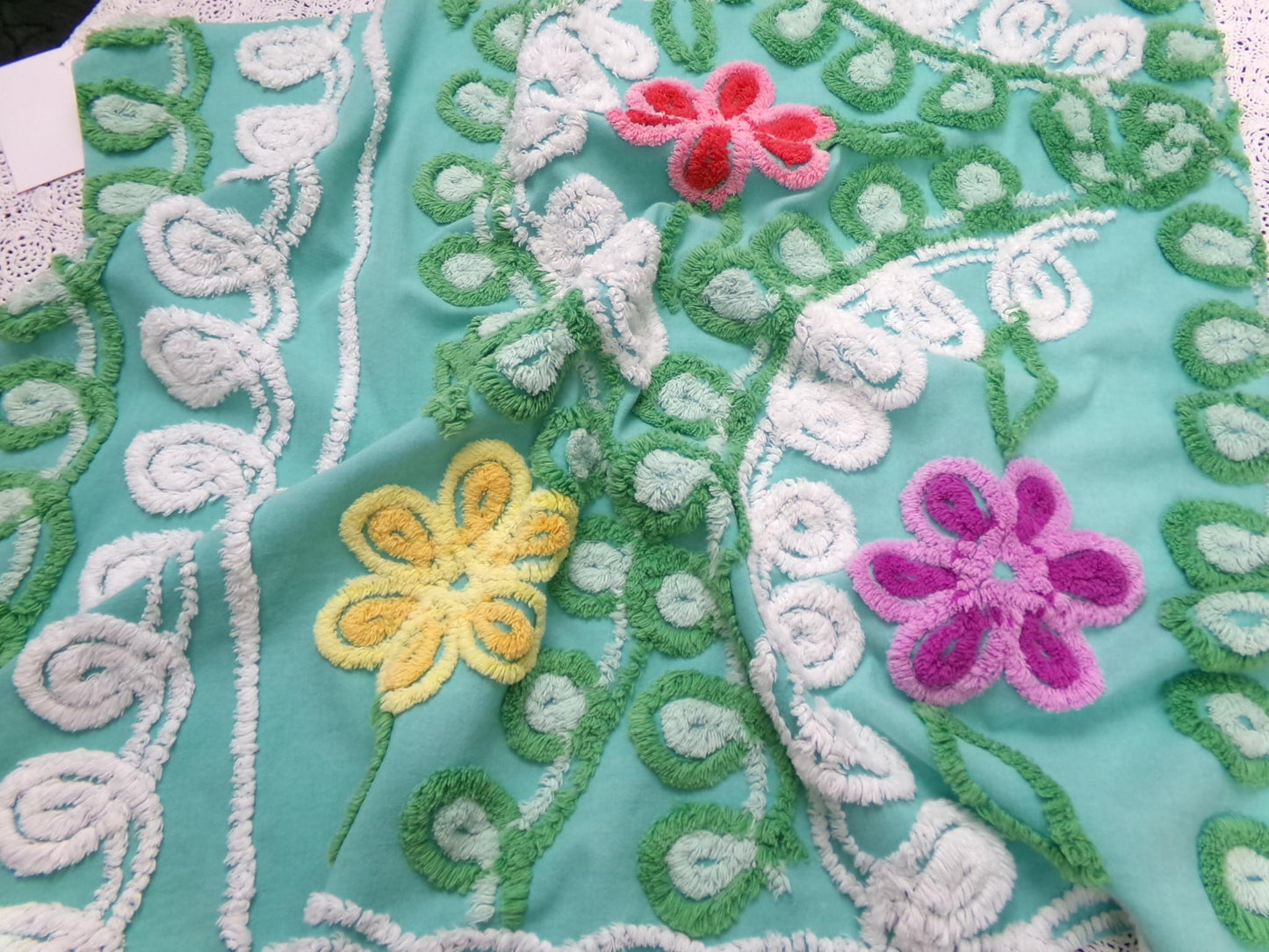 Vintage Green Chenille Fabric, Floral Swirl Design, 20x25" Piece