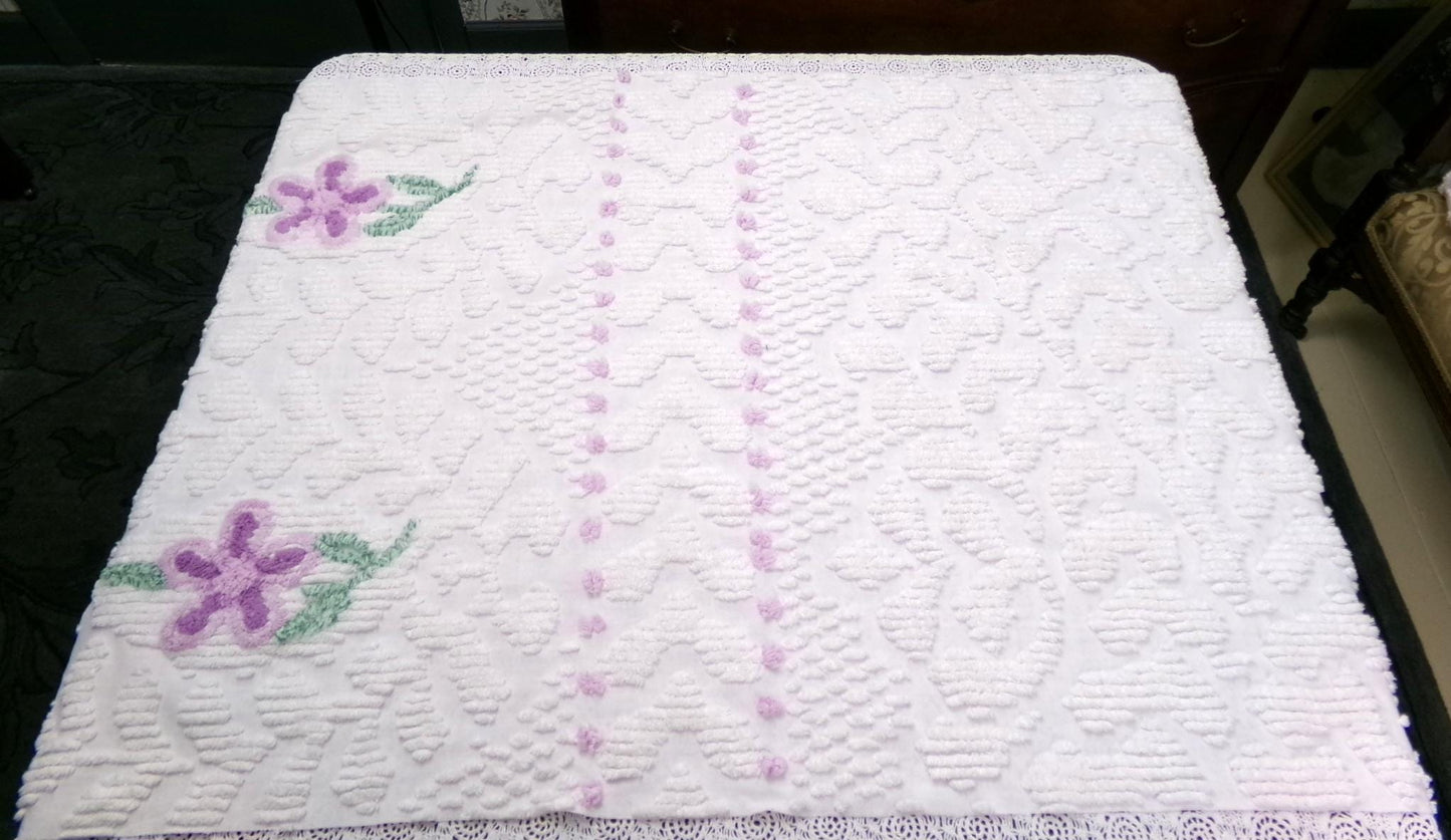 Little Lilacs Vintage Chenille Bedspread Fabric 26x36" Shabby Lightweight Quilting Material