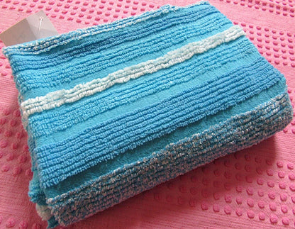mermaid blue vintage chenille fabric, bright variegated multisize stripes, 20" x 24" piece of sewing material