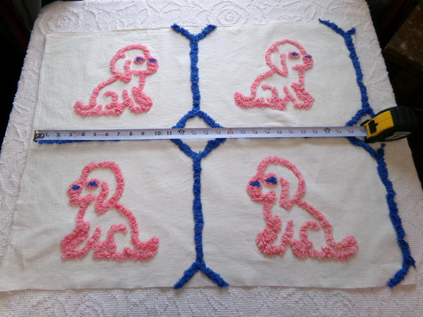 Cutest Pink Puppy Dogs Vintage Chenille Fabric, 4 Puppies on Cotton Feedsack, 22" x 28" Piece, Upcycle into Handmade Quilts, Pillows
