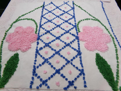 Vintage Chenille Bedspread Fabric White Pink Floral Blue Lattice Trellis Cottage 24x23"