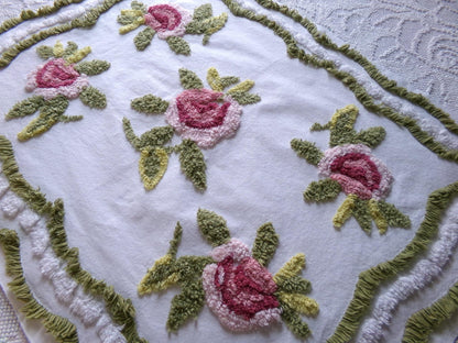vintage rose chenille fabric, 19" x 25" inch piece of cotton sewing material, great for pillows & crafts
