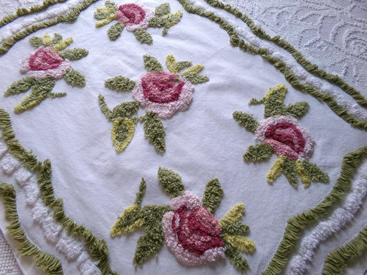 vintage rose chenille fabric, 19" x 25" inch piece of cotton sewing material, great for pillows & crafts