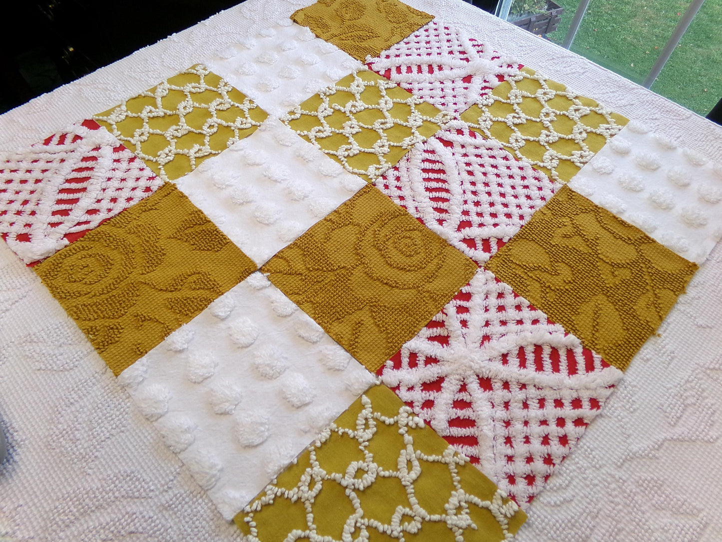 Vintage Chenille Fabric Squares - Set of 16 - Sporty Gold, White & Red - 6" Quilt Blocks