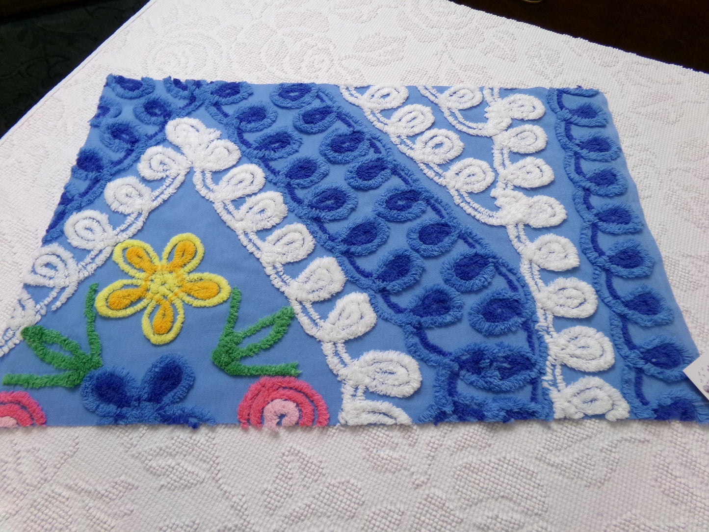 vintage shabby chenille bedspread fabric, abstract floral blue & white swirls, 14" x 22" piece