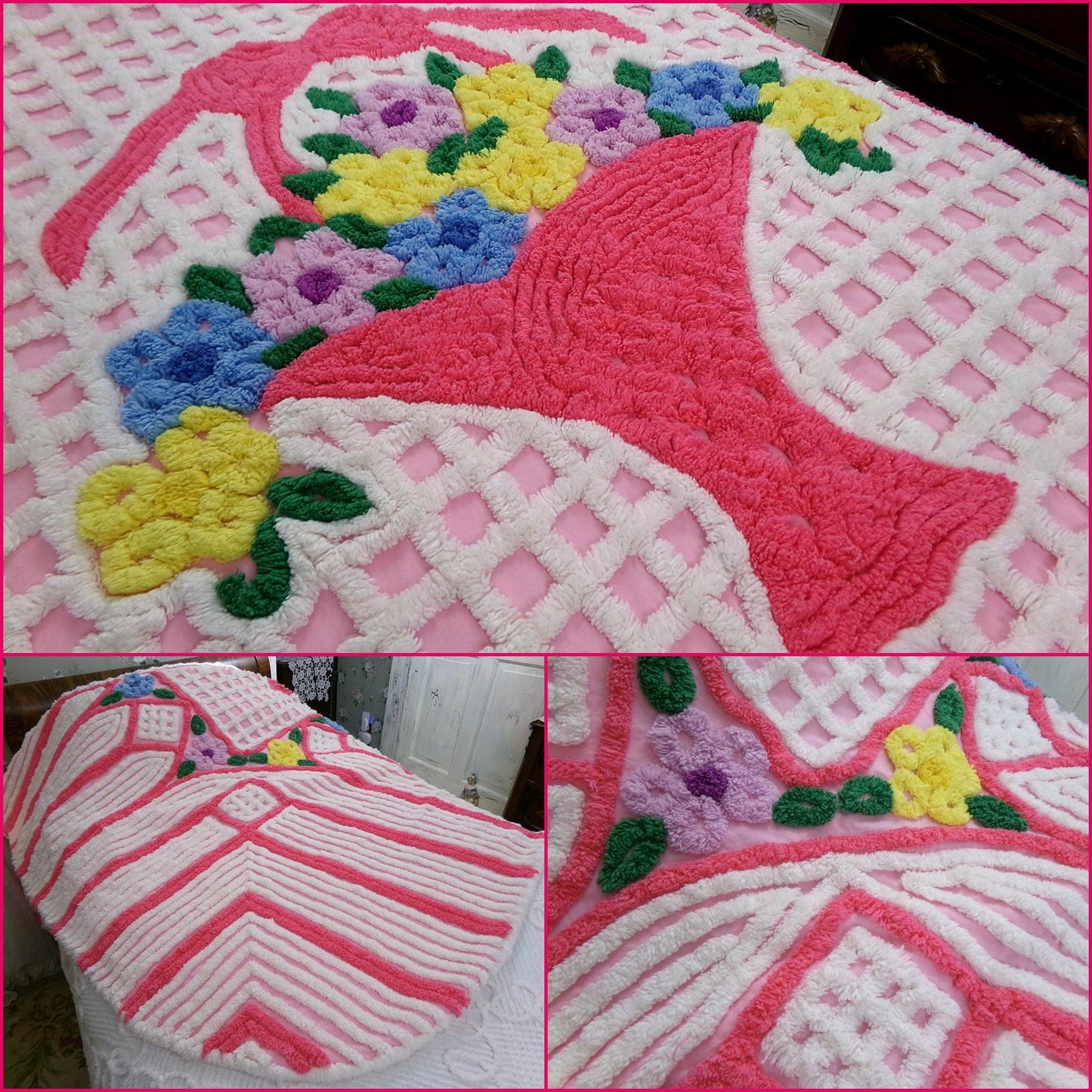 plush cupcake frosting vintage chenille bedspread, pink flower basket w/ cathedral stripes, girly cottage full size luxury cotton bedding