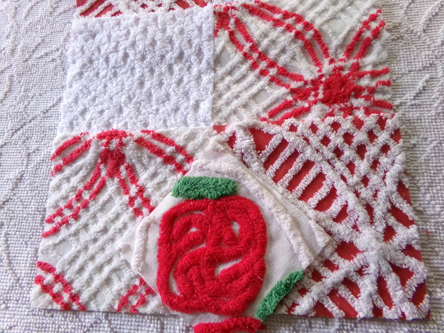 vintage chenille fabric squares, set of 8 red & white 7.5" vintage quilt blocks for sewing, Christmas crafts, quilting