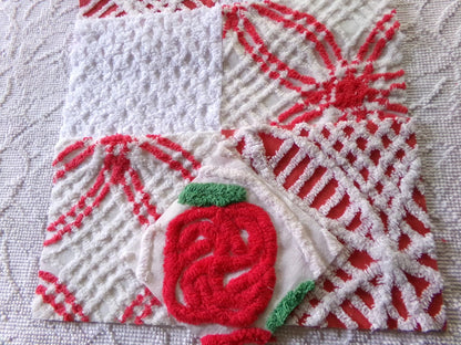 vintage chenille fabric squares, set of 8 red & white 7.5" vintage quilt blocks for sewing, Christmas crafts, quilting