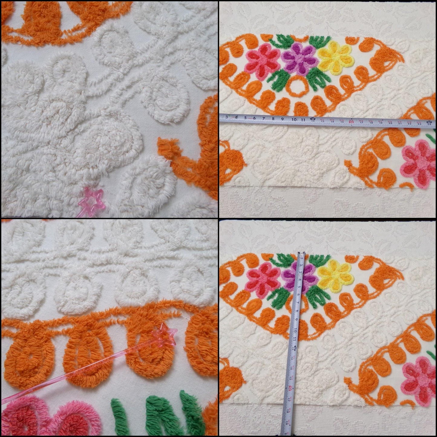 citrus floral vintage chenille bedspread fabric, orange & white quilt material, 16" x 25"