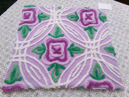 Vintage Chenille Bedspread Fabric Lilac Cabbage Roses 17.5 x 34" Cottage Quilt Sewing Material