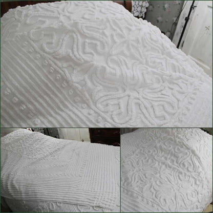 Heavenly White Vintage Chenille Bedspread in Elegant Scroll Design, Full Bed Size, 100% Summer Weight Cotton Farmhouse Style Bedding