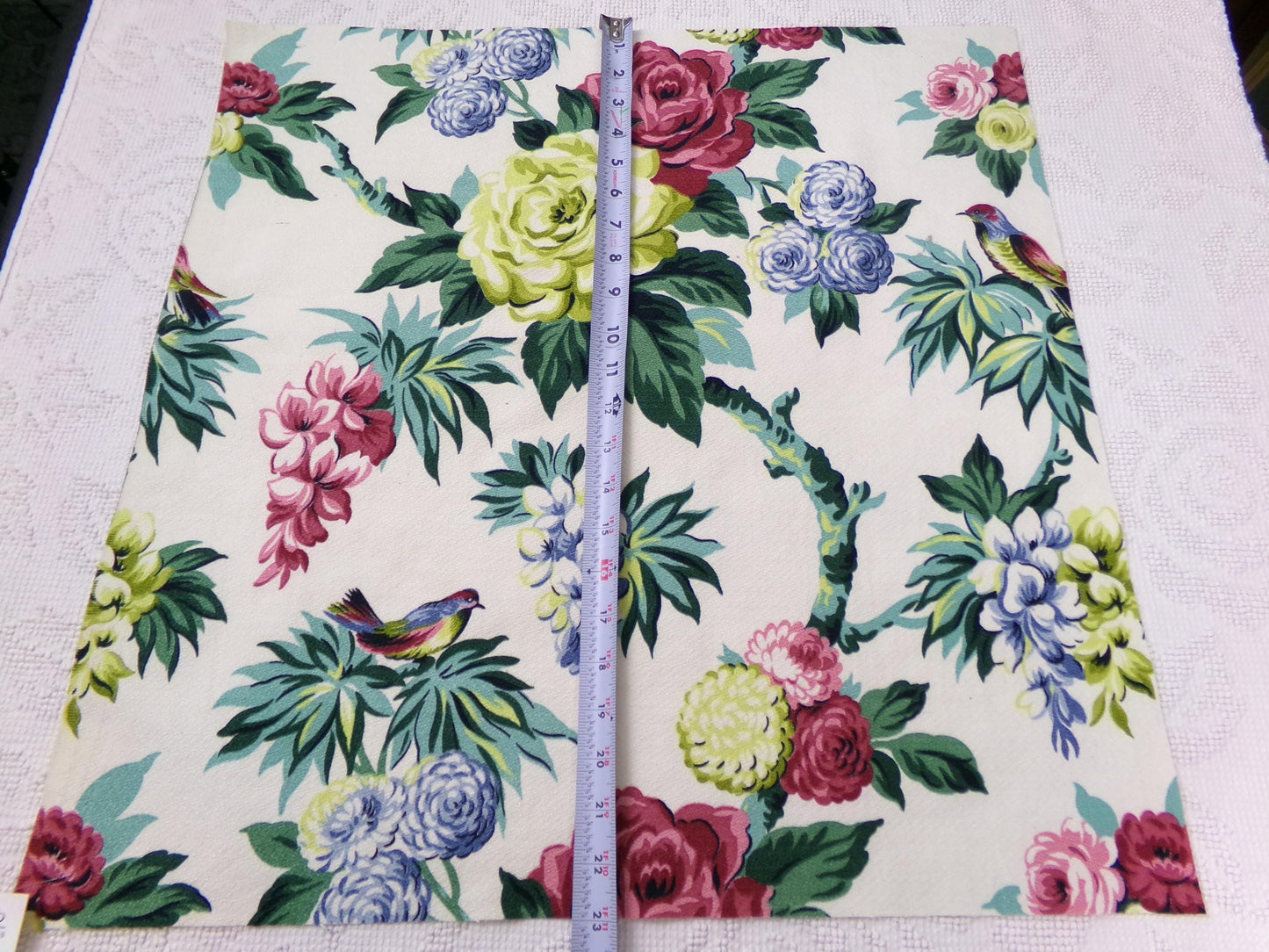 Vintage Barkcloth Fabric 22 x 22" Botanical Floral Exotic Birds Rose Peony Chinoiserie Mid Century