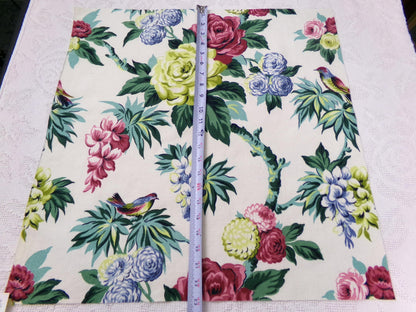 Vintage Barkcloth Fabric 22 x 22" Botanical Floral Exotic Birds Rose Peony Chinoiserie Mid Century