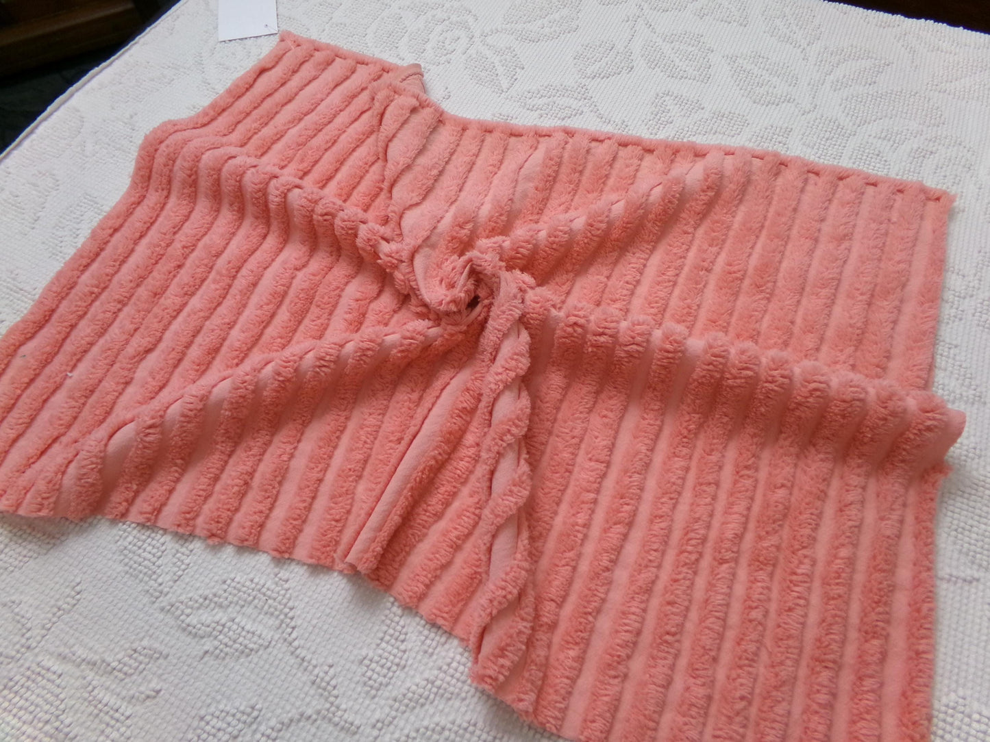 Melon Striped Vintage Chenille Bedspread Fabric, Tufted Peach Stripes, 17" x 24"