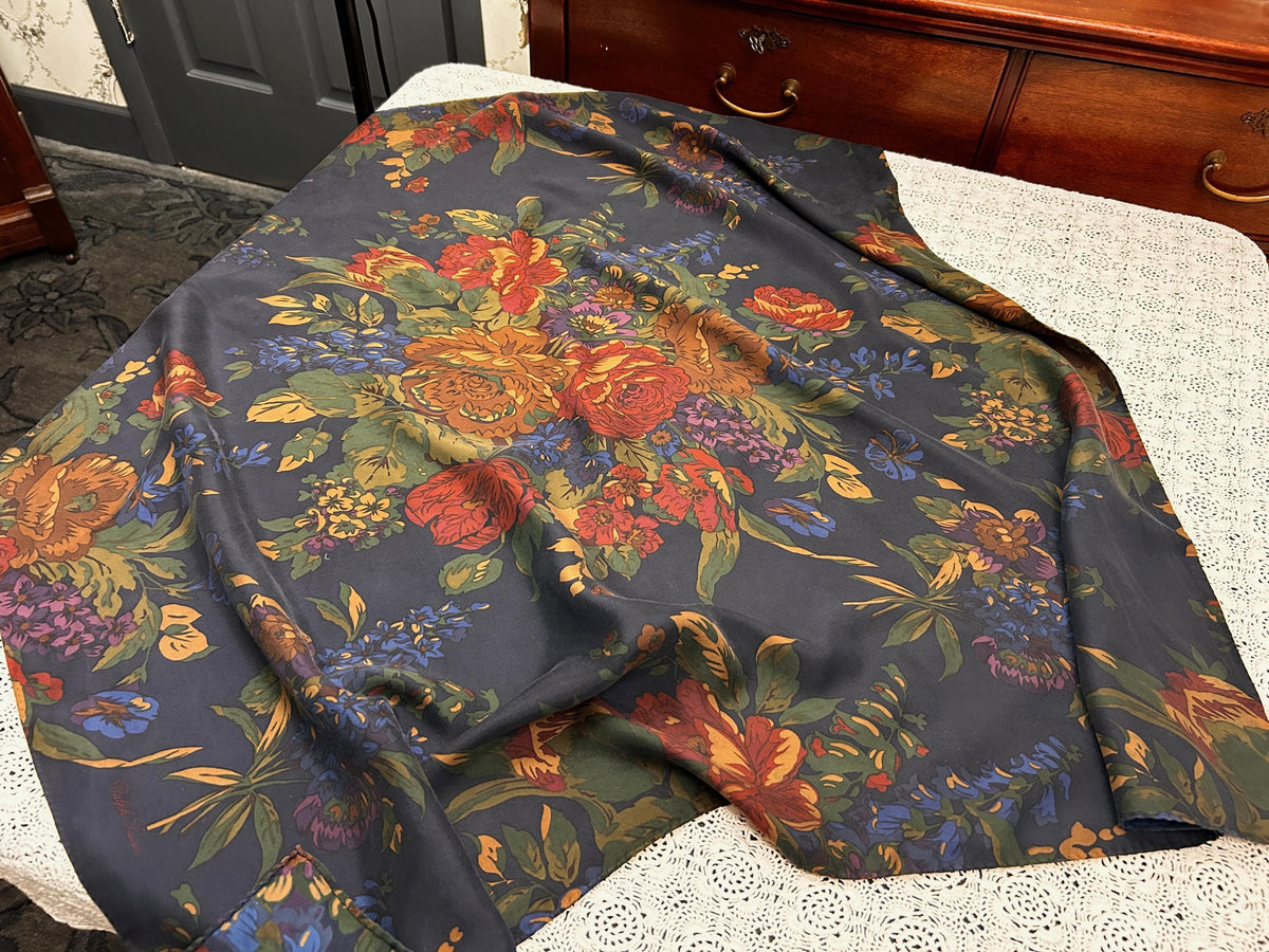 Vintage Ralph Lauren Silk Square Scarf Shabby Navy Blue Floral Roses