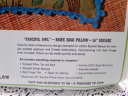 FANCIFUL OWL Pillow Crewel Embroidery Kit, Boho Vintage Bucilla Needlecraft 3173