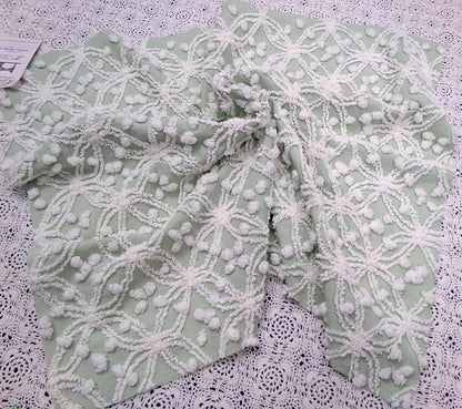 Vintage Sage Green Chenille Bedspread Fabric, Shabby Wedding Ring Pop 18x24" Quilting Material