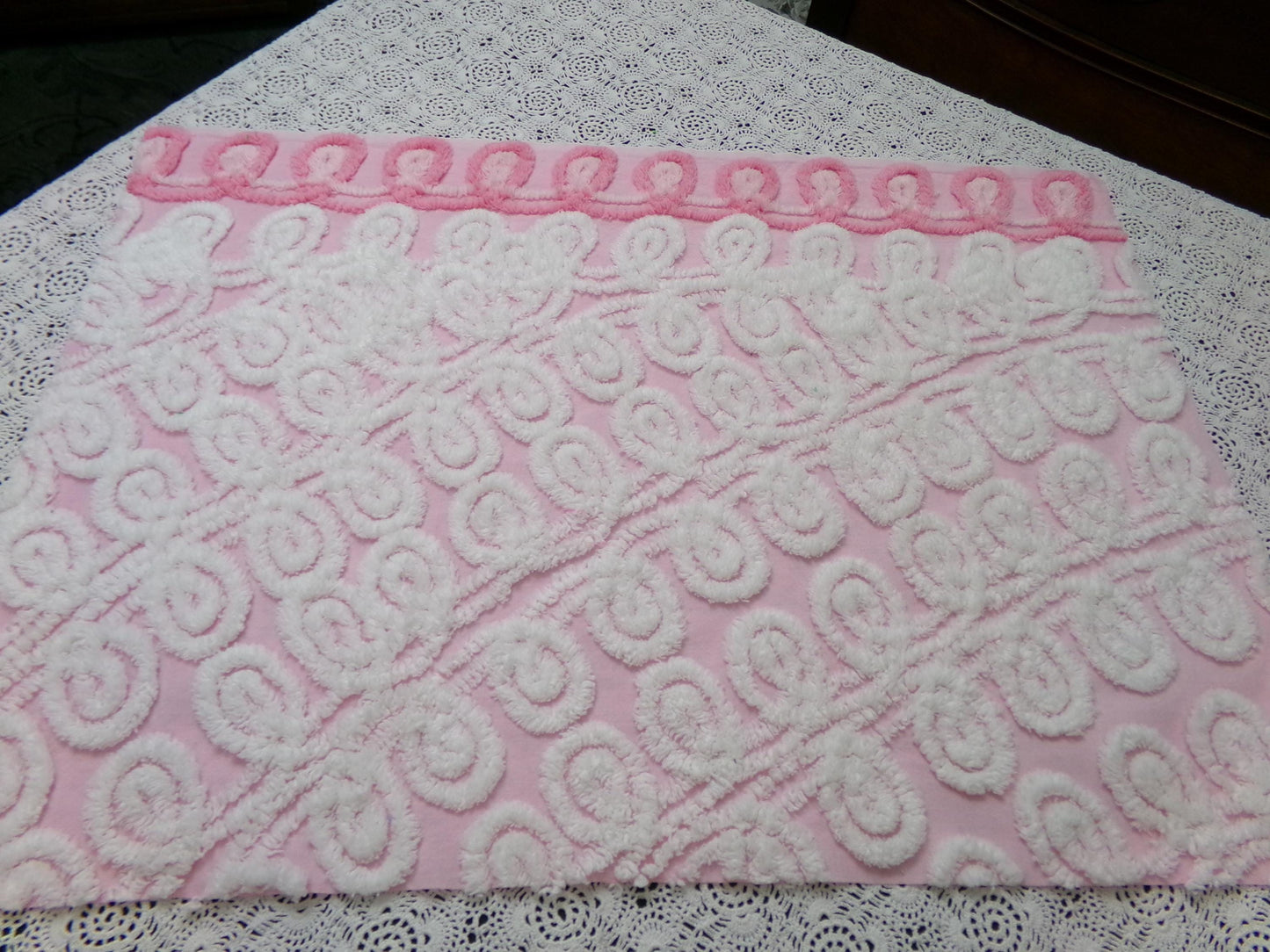 Cute Curlicues Vintage Chenille Fabric, Pink & White 16" x 23" piece