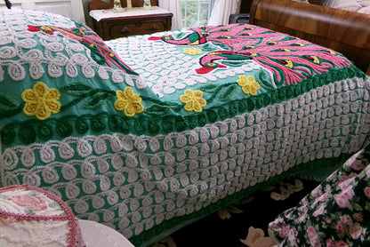 Green Peacock Vintage Chenille Bedspread, Full Size Pink Lovebirds & Swirls