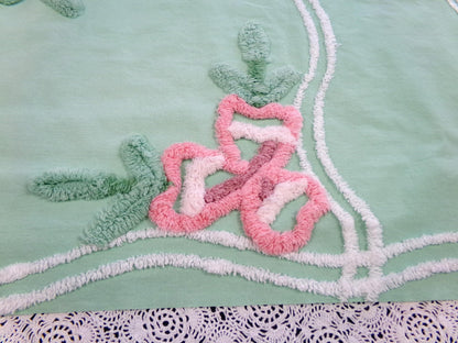 Shabby Soothing Green Vintage Chenille Fabric, Pink Rose Florals, 20 x 27"