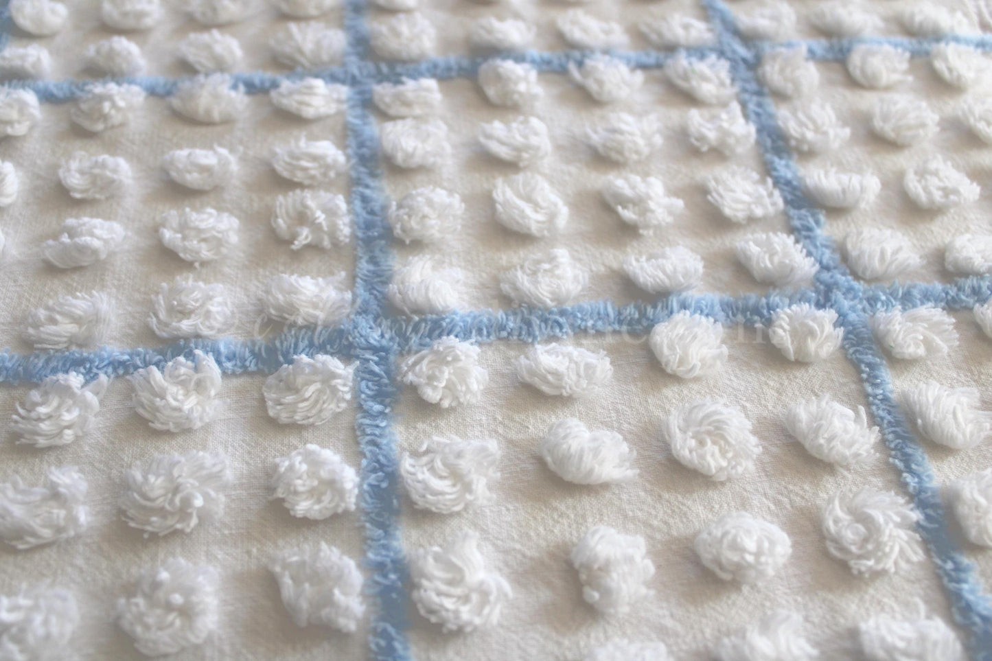 coastal blue & white vintage chenille fabric, puffy textured pops, 12" x 18" cut piece