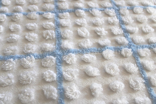 coastal blue & white vintage chenille fabric, puffy textured pops, 12" x 18" cut piece