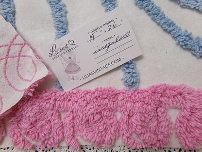 vintage style chenille bedspread fabric boho peacock feathers pink blue 19x26"