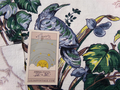 Vintage Barkcloth Fabric Panel Paloma Exotic Bird & Floral Botanical Print, 20x30"