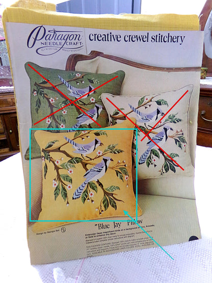 Blue Jay Birds Pillow Crewel Embroidery Kit Vintage Paragon Needlecraft 0162
