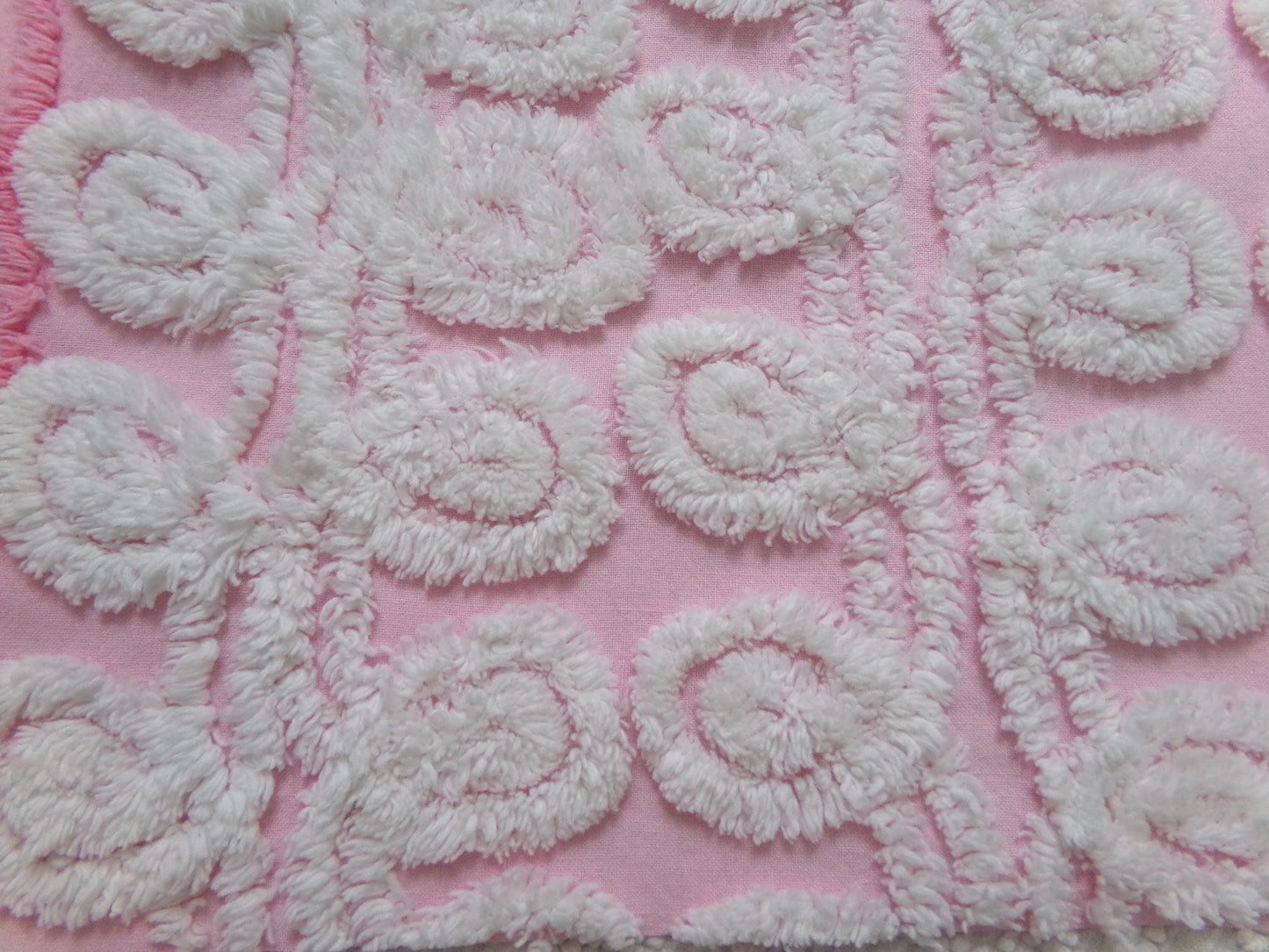 Playful Pink Vintage Chenille Bedspread Fabric White Curlicues 15" x 26"