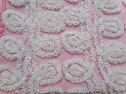 Playful Pink Vintage Chenille Bedspread Fabric White Curlicues 15" x 26"