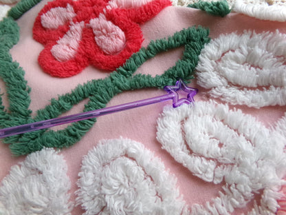 shabby pink vintage chenille fabric, cake frosting floral curlicues, 20" x 31"
