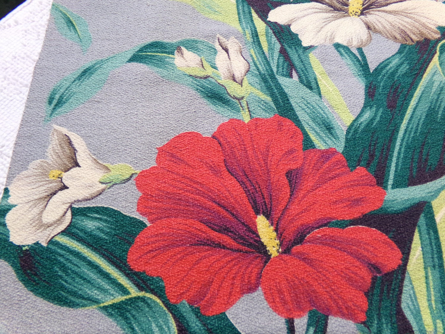 Hawaiian Barkcloth Vintage Fabric, Gray Tropical Red Hibiscus Floral Mid-Century 27" x 18"