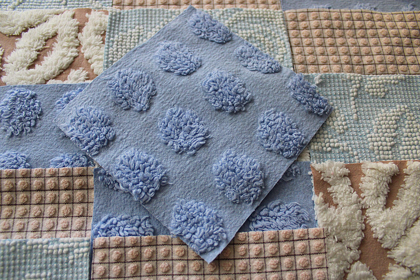 sky & sand vintage chenille fabric squares, set of 16 quilt blocks 6" each, modern dot, hobnail, geometric in blue, white, sand