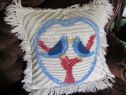 Chenille Pillow ~ Bluebirds in Love & Cottage Rose REVERSIBLE Design with Fringe, Vintage Farmhouse Decor