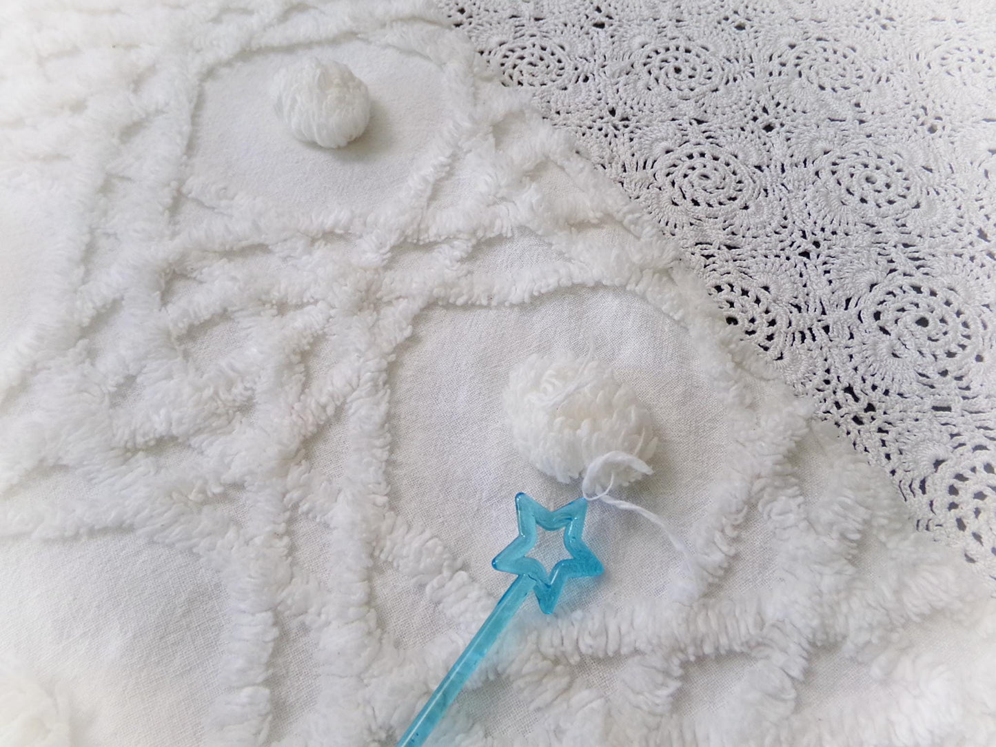 Vintage Chenille Bedspread Fabric, Plush Blue Flowers White Curlicues, 18x24" Piece