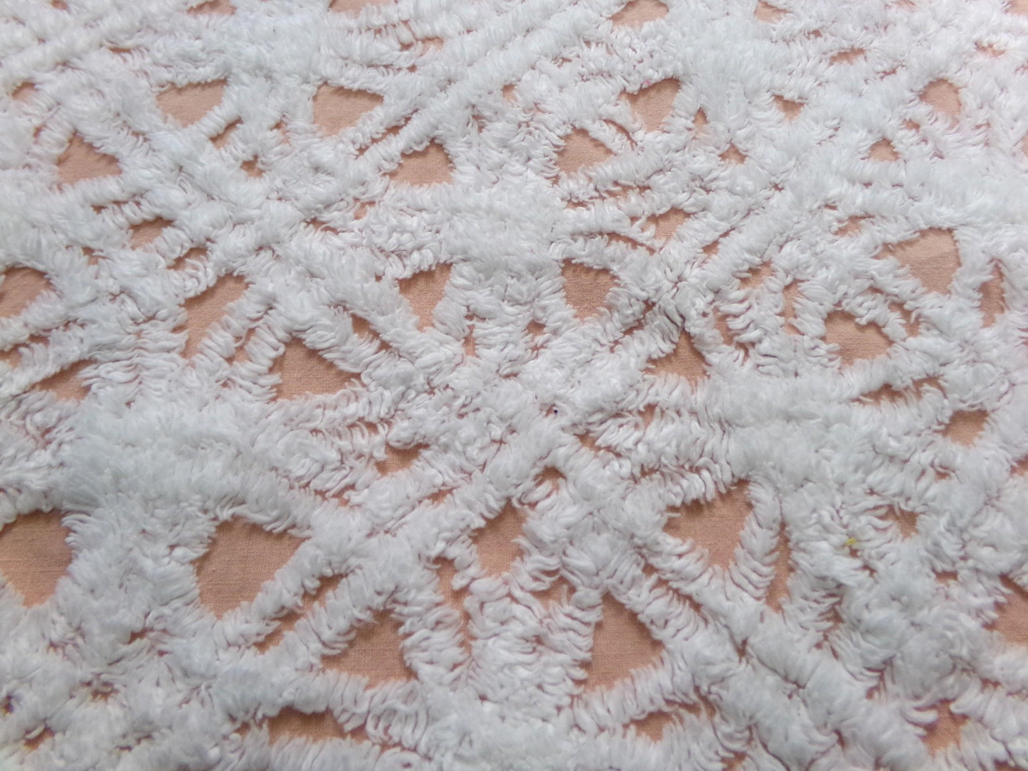 Cozy Peach & White Vintage Chenille Bedspread Fabric, Plush Geometric Quilt Material 18" x 24"