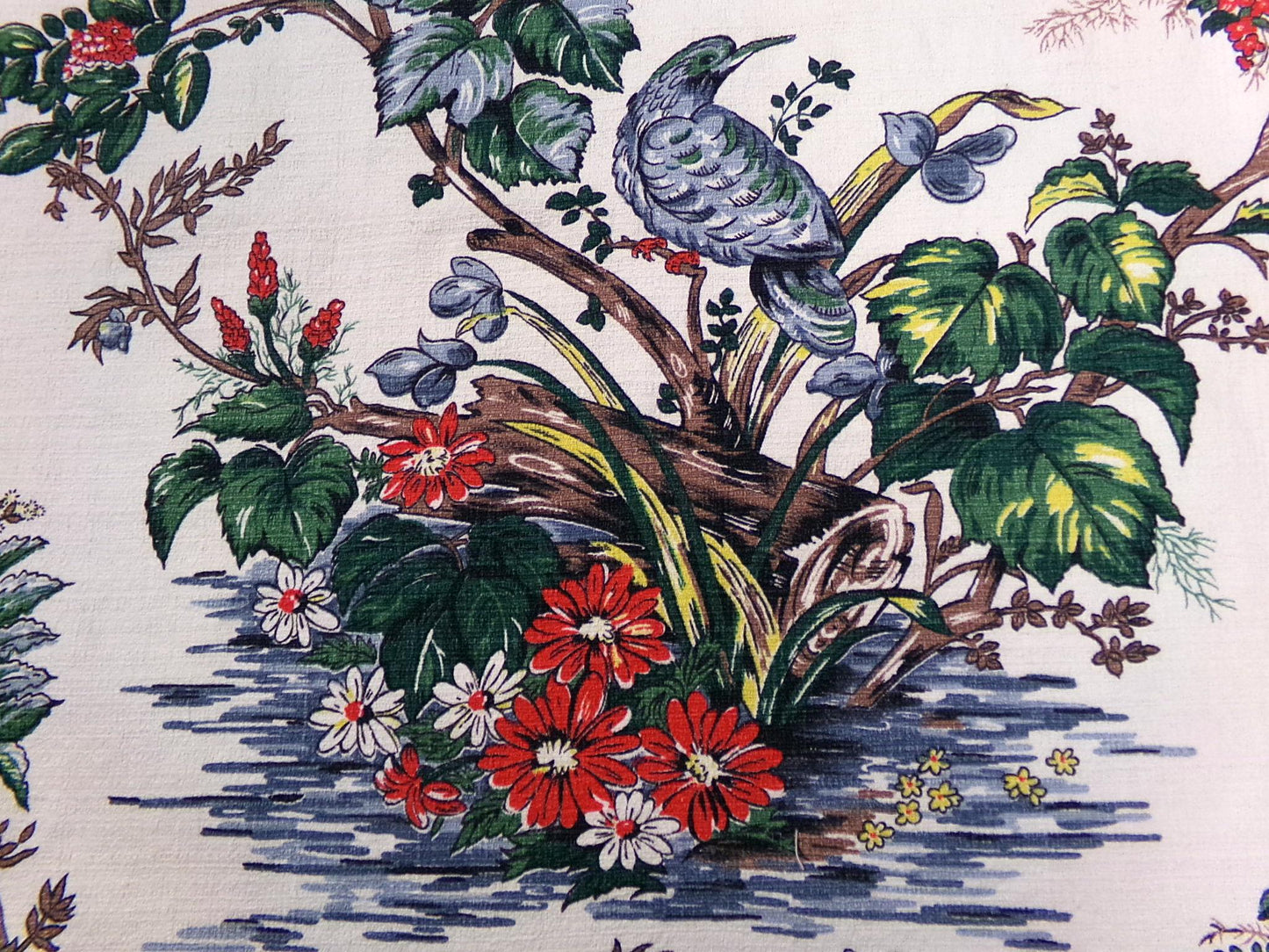 Vintage Barkcloth Fabric Panel Paloma Exotic Bird & Floral Botanical Print, 20x30"