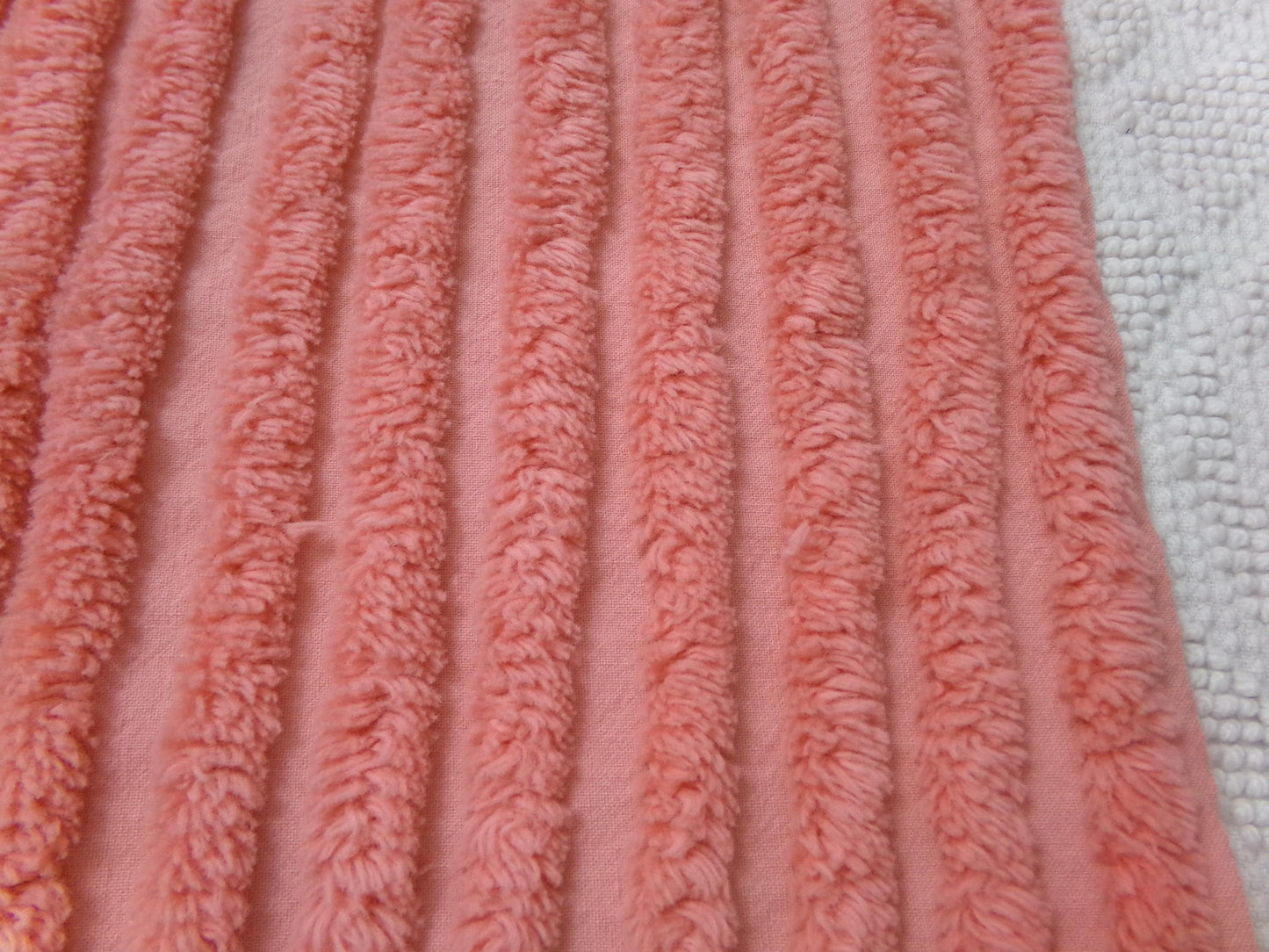 Melon Striped Vintage Chenille Bedspread Fabric, Tufted Peach Stripes, 17" x 24"