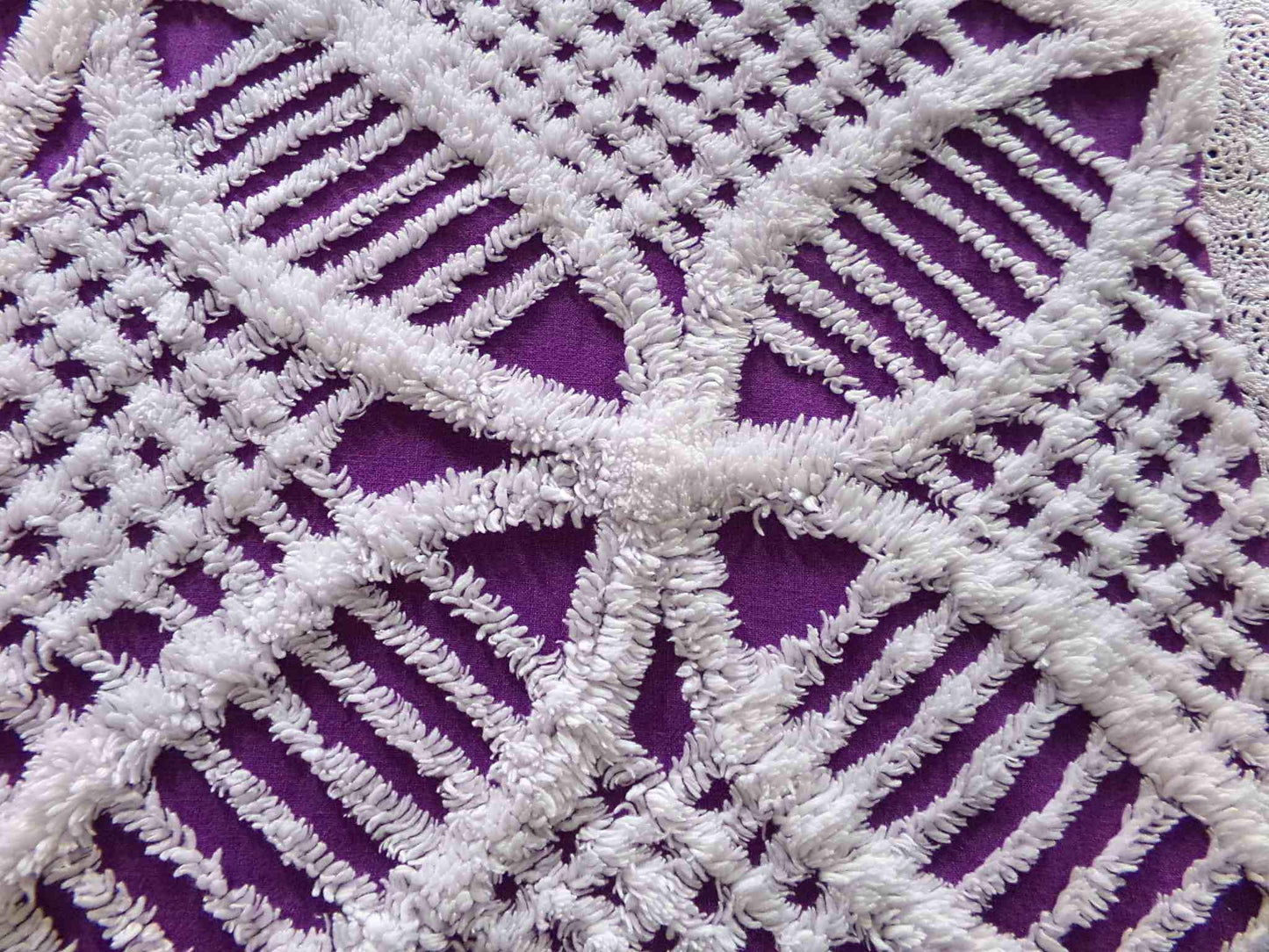 Vintage Chenille Fabric, 21" x 20" inch Piece, Snow White Geometric Design on Grape Purple