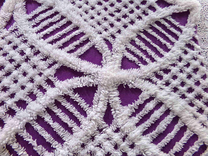 Vintage Chenille Fabric, 21" x 20" inch Piece, Snow White Geometric Design on Grape Purple