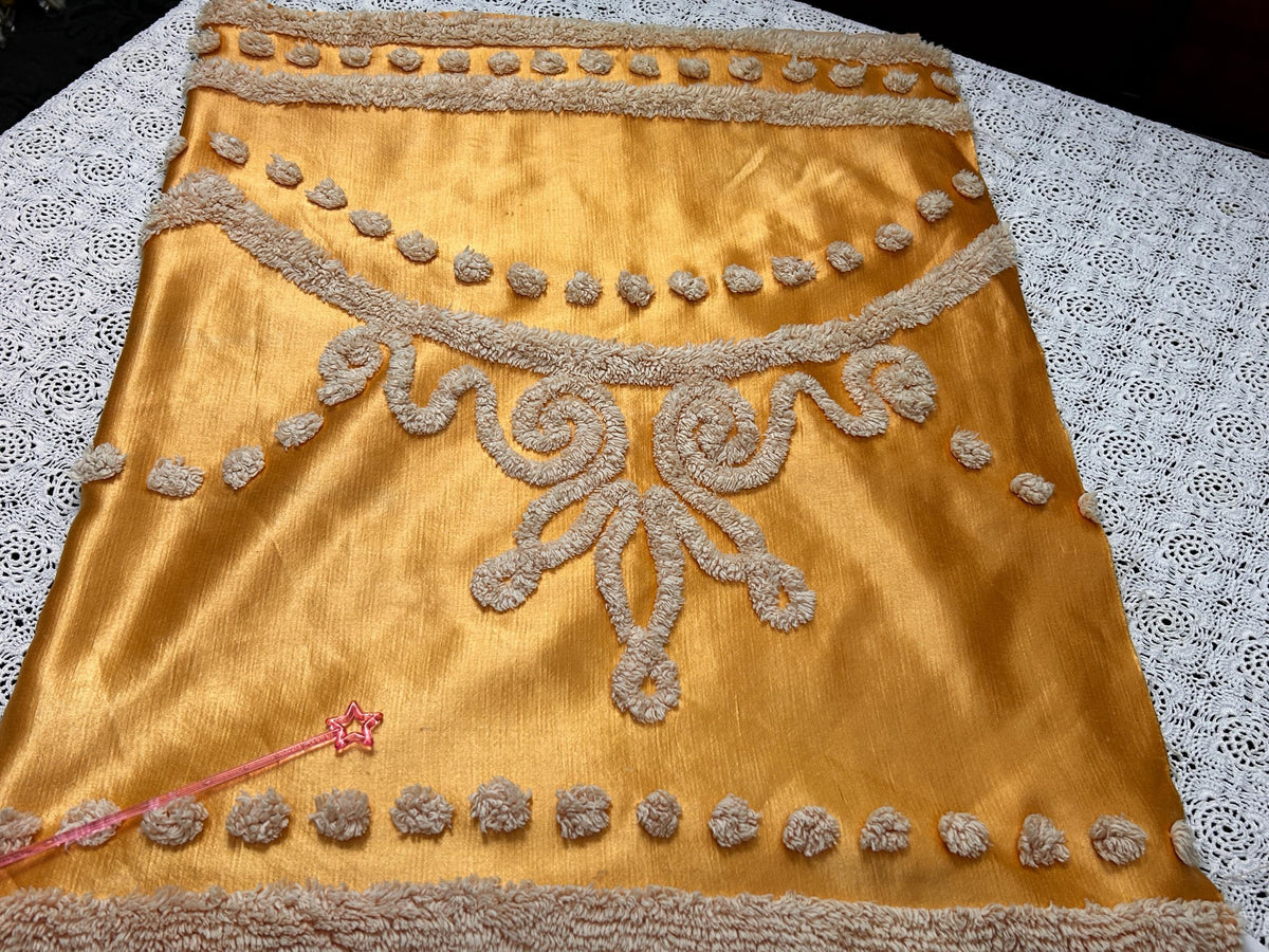 Vintage Gold Satin Fabric, Scroll Tufted Chenille Crowns 23x36" Piece